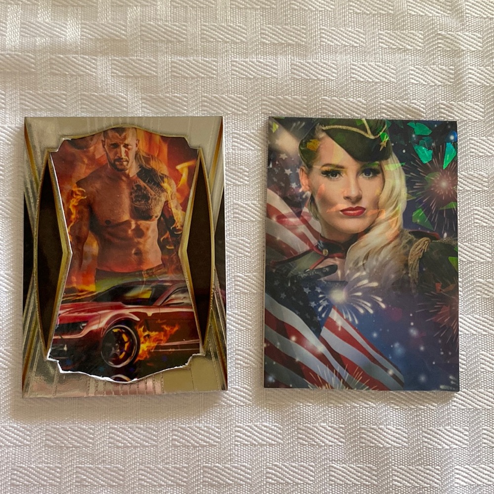 Homemade WWE Lacey Evans and Karrion Kross cards.